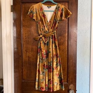 ModCloth Gold Velvet Dress with Sash and Flutter Sleeves